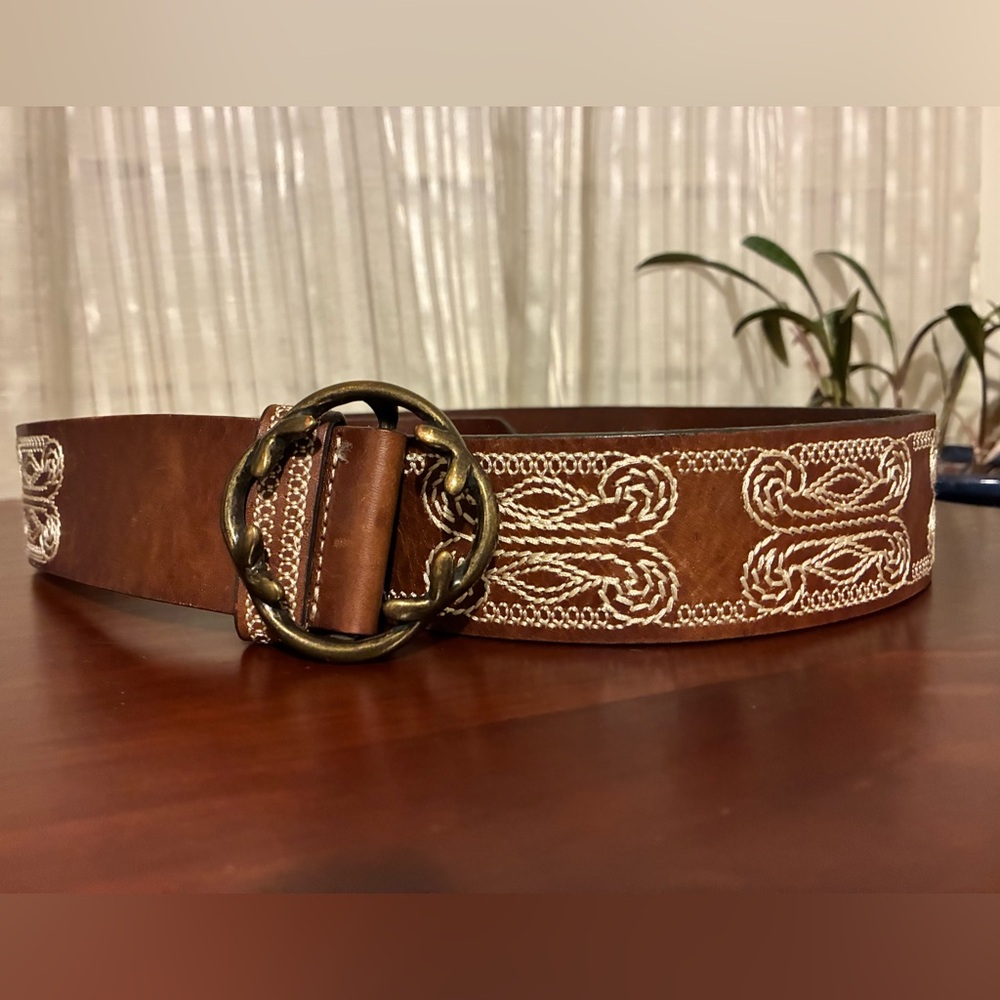Coldwater Creek Brown Leather Belt with Cream Embroidered Detail